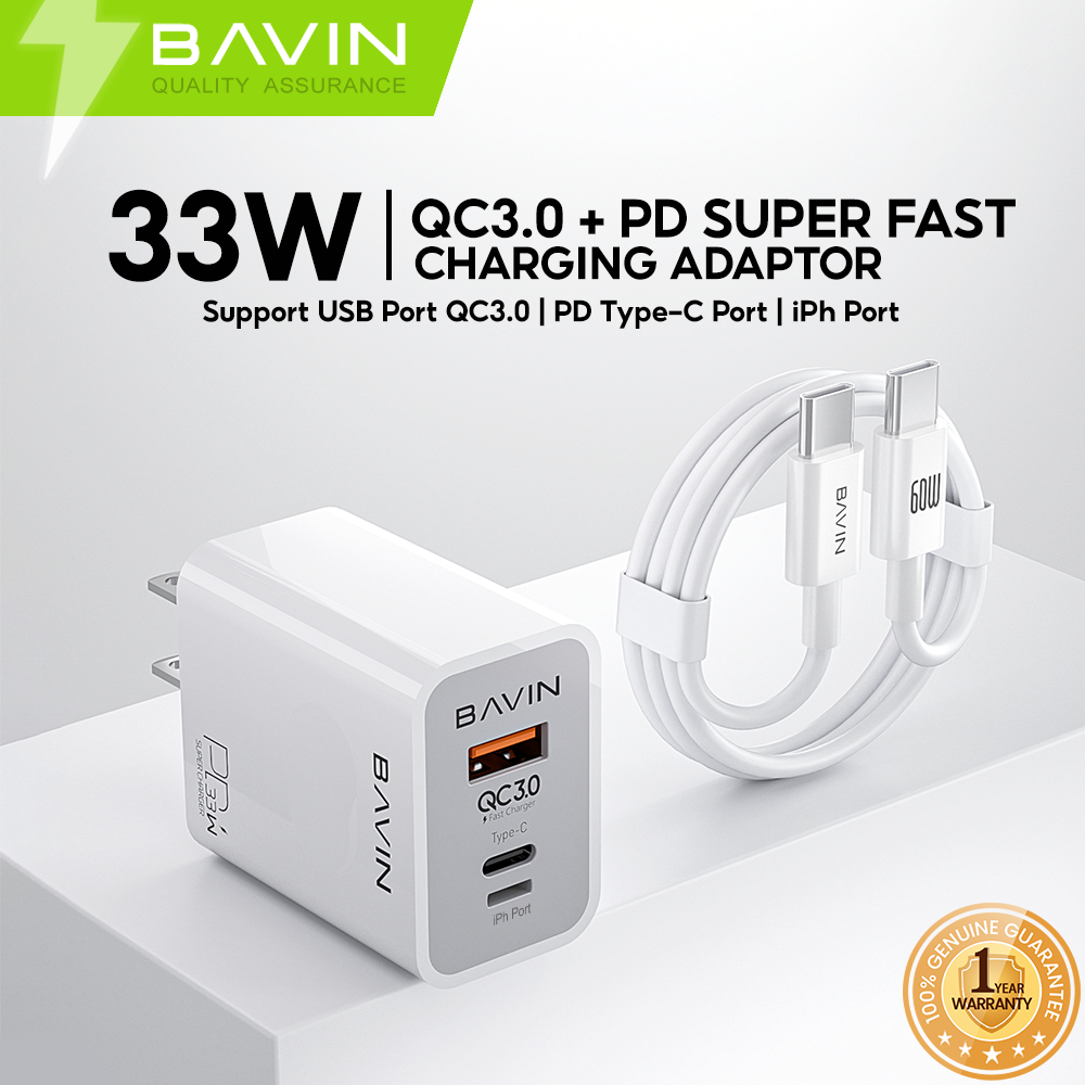 BAVIN C-PC975-CC 33W Fast Charger w/ USB-C, QC3.0 & iPhone Ports