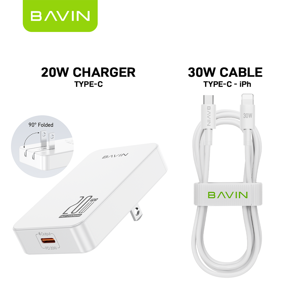 BAVIN C-PC2027-XX 20W Ultra-Slim USB-C Fast Charger w/ Foldable AC Plug & iPhone16 Cable