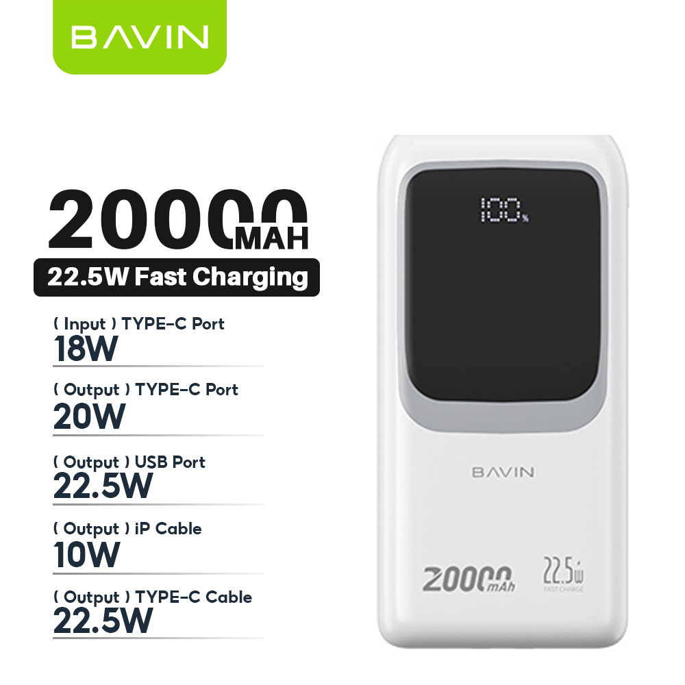 BAVIN Y-PC1030 20000mAh 22.5W Fast Charging Powerbank w/ Built-in Cable