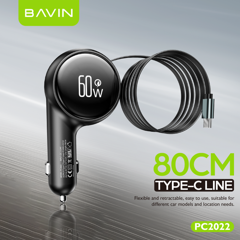 BAVIN C-C-PC2023 30W 2-in-1 Car Charger w/ Retractable 80cm Cable (Type-C/iPhone)