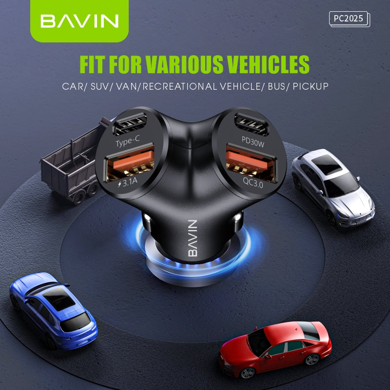 BAVIN C-C-PC2025 30W PD Fast Car Charger w/ 4 Ports (Dual USB & Type-C)