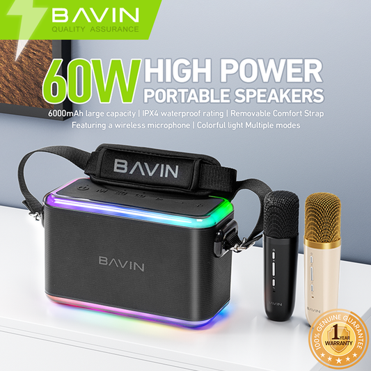 BAVIN DV-BM27 Outdoor Bluetooth Speaker Portable High-Power Karaoke Machine w/ RGB Lights & Dual Wireless Microphones