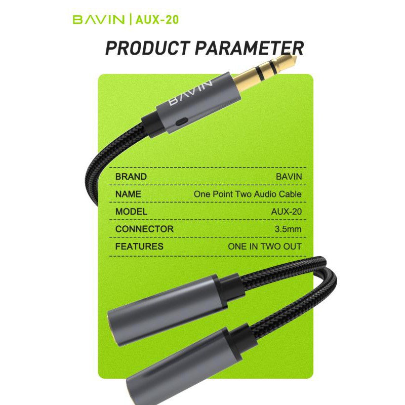 BAVIN H-3.5-AUX20 3.5mm Audio Splitter Cable 25cm w/ 1 Input & 2 Outputs