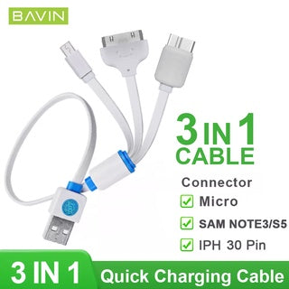 BAVIN U-Y-XX 3 in 1 Quick Charging & Flexible Flat Cable Wire w/ 30 CM Length Cable