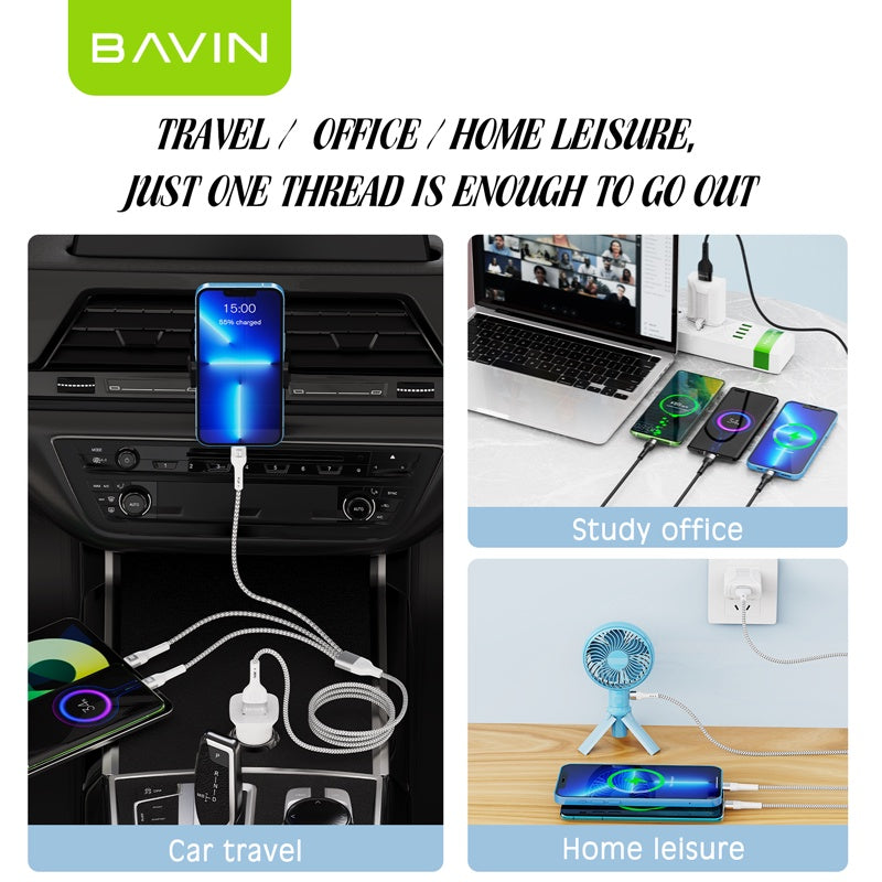 BAVIN U-CB236-3 3in1 Fast Charging Braided Cable, 18W High Density Safe Compatible w/ Micro iPhone & Type-C w/Free Bear Organizer