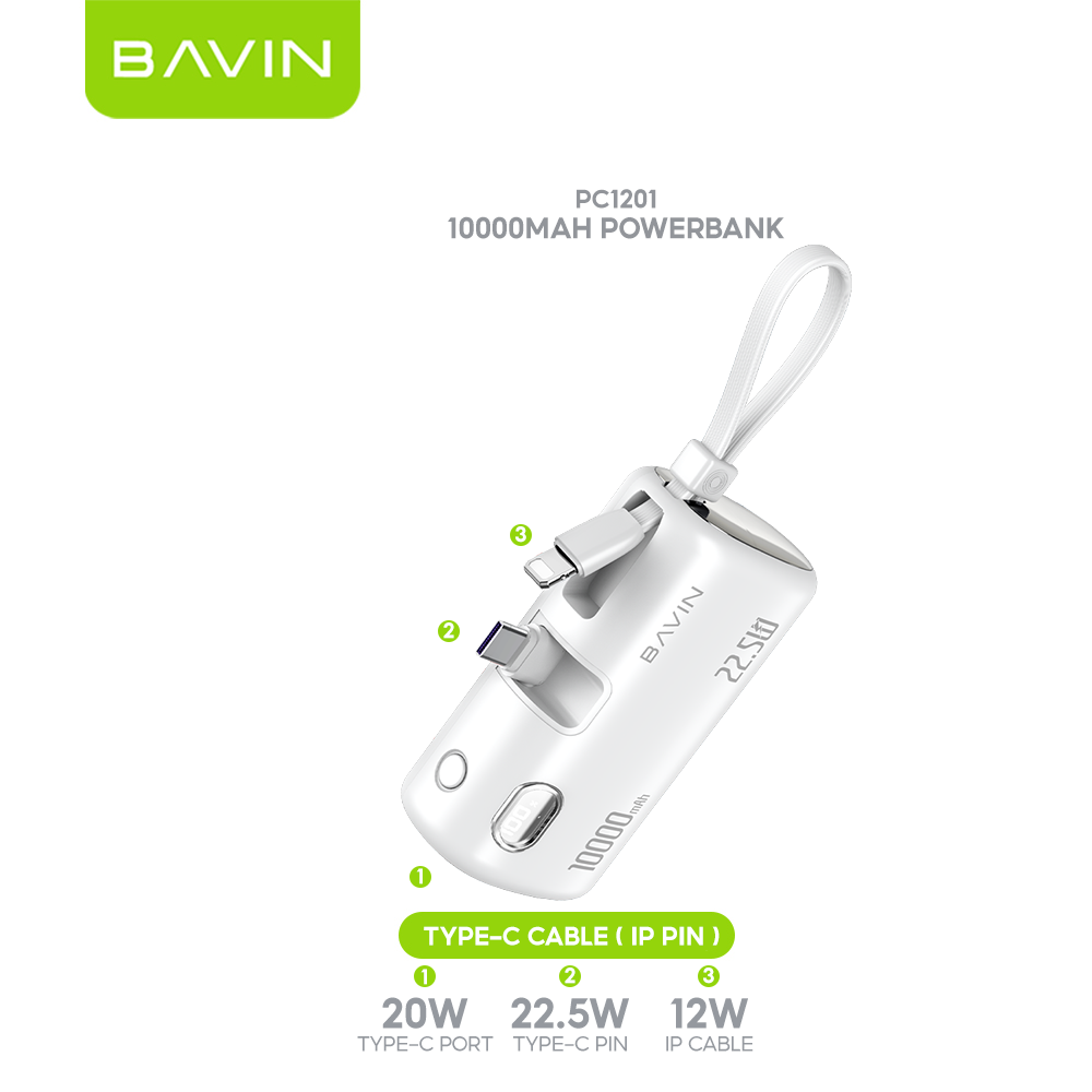 BAVIN PC1091S 5000mAh / PC1201S 10000mAh Mini Fast Charging Powerbank 22.5W USB-C Input/Output, Built-in Cable & Stand