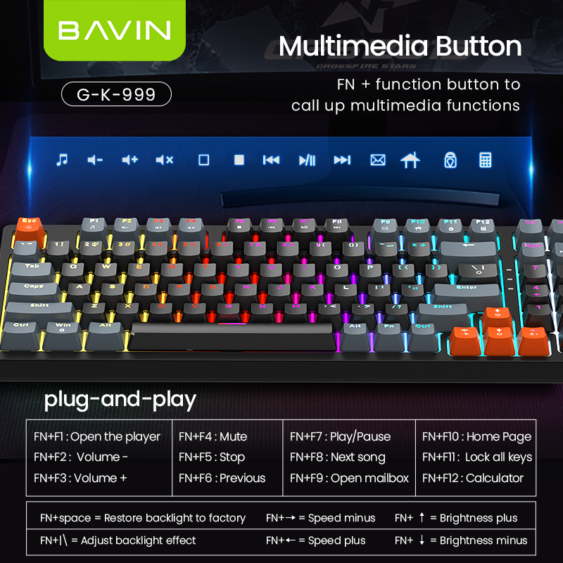 BAVIN G-K-999 RGB 96-Key Mechanical Keyboard w/ Multimedia Knob & Backlight Modes