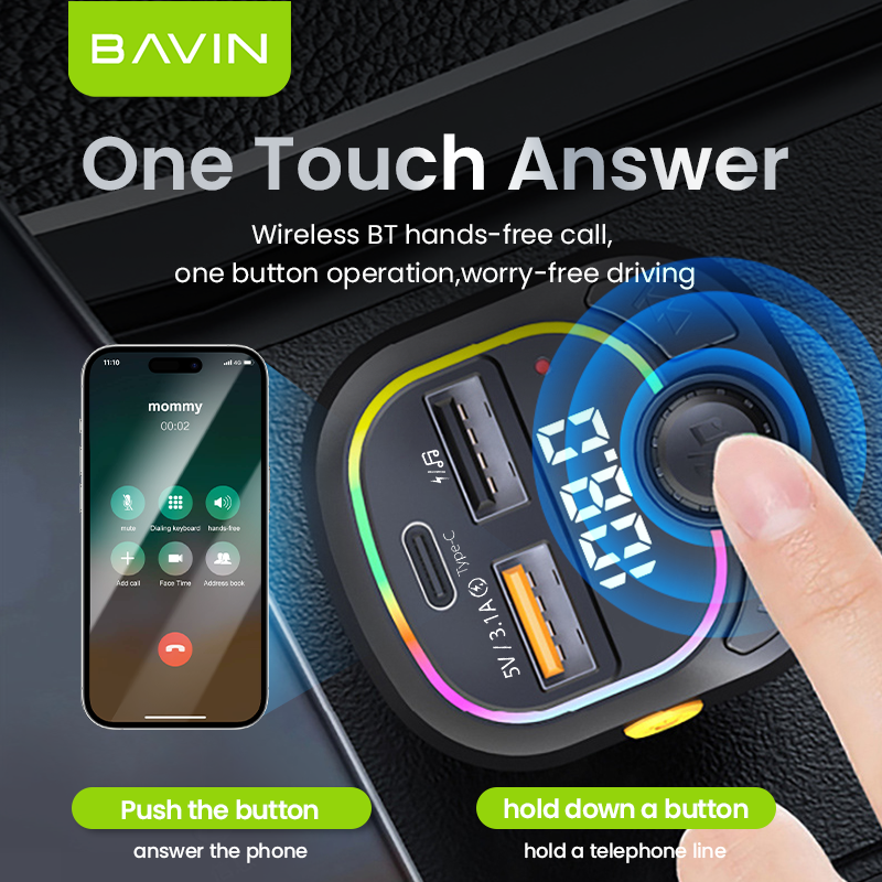 BAVIN C-C-PC2013 3-in-1 Car Charger & Bluetooth MP3 Player w/ Fast Charge & RGB Lighting