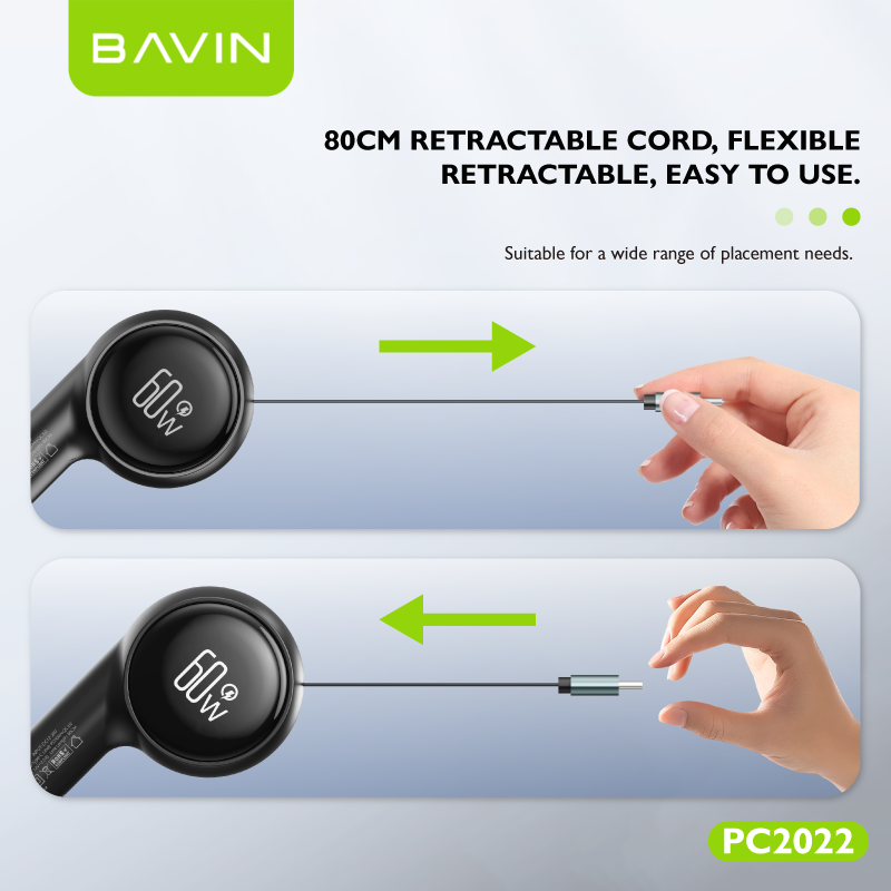 BAVIN C-C-PC2023 30W 2-in-1 Car Charger w/ Retractable 80cm Cable (Type-C/iPhone)