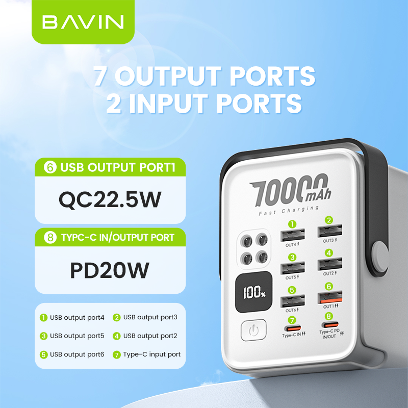 BAVIN Y-PC1062 70000mAh QC 3.0+PD 20W Powerbank w/ 6 USB & 2 Type-C Ports
