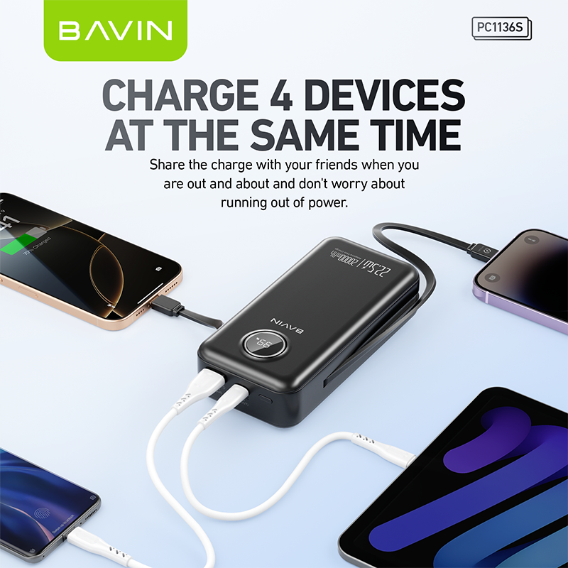 BAVIN Y-PC1122 10000mAh Fast Charging Powerbank w/ Retractable Cable
