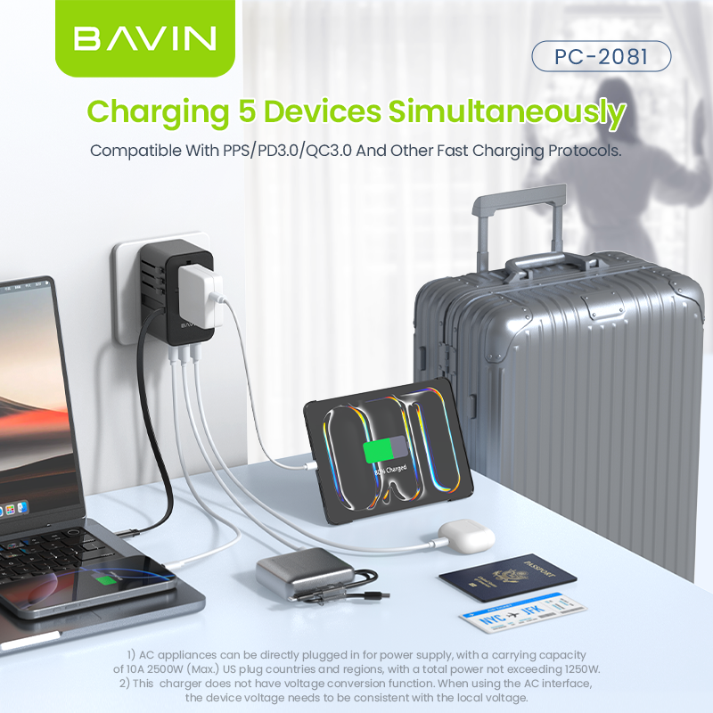 BAVIN C-PC2081 70W GaN Charging Adapter for Universal Plug & Multi-Port Charger w/ Retractable Type-C