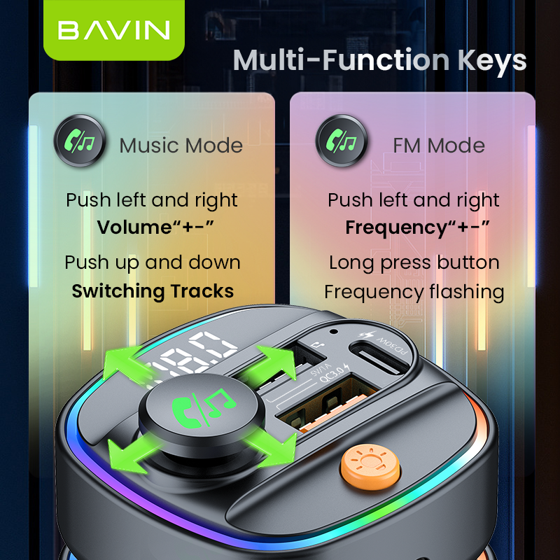 BAVIN C-C-PC2012 30W Car Charger & MP3 Player w/ Fast Charge & RGB Lighting