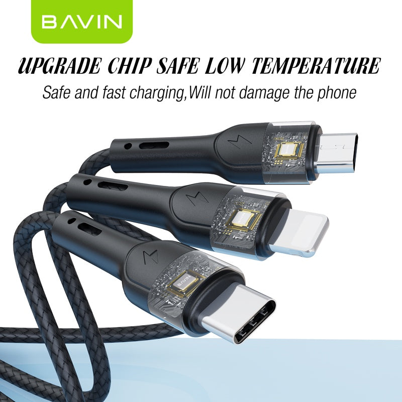BAVIN U-CB236-3 3in1 Fast Charging Braided Cable, 18W High Density Safe Compatible w/ Micro iPhone & Type-C w/Free Bear Organizer