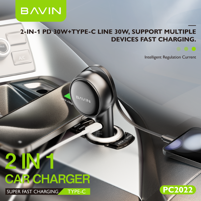 BAVIN C-C-PC2023 30W 2-in-1 Car Charger w/ Retractable 80cm Cable (Type-C/iPhone)