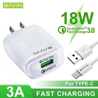 BAVIN C-PC357-XX QC3.0 Fast Charger w/ USB Port & Cable for Micro, iPhone, Type-C