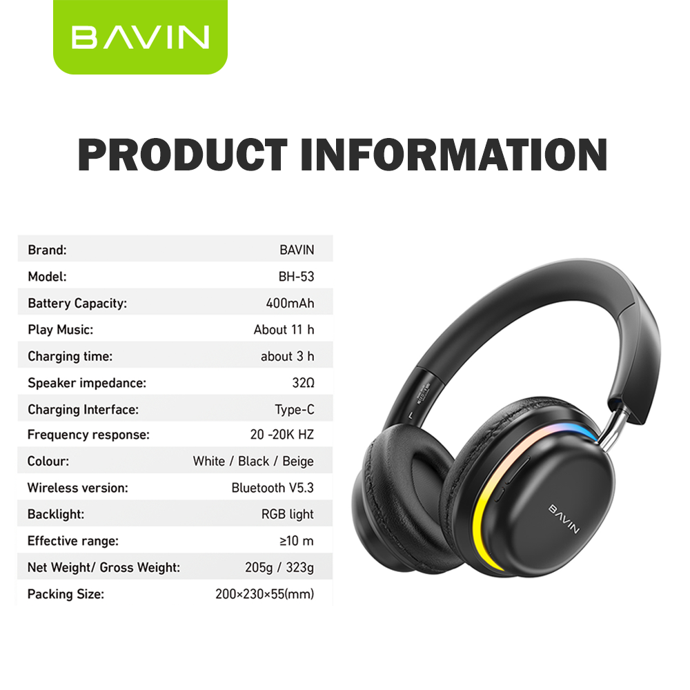 BAVIN HB-BH53 Wireless Comfort Headphones w/Hi-Fi Sound Bluetooth Strong Bass Built-In Microphone & Silicone Band