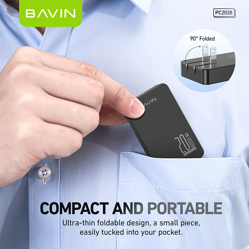 BAVIN C-PC2028-XX 20W Ultra-Slim Fast Charger w/ QC3.0, Dual USB & Type-C, Bendable AC Plug