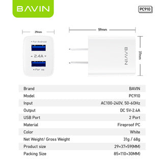 BAVIN C-PC910 2.4A USB Wall Charger w/ 1m Cable