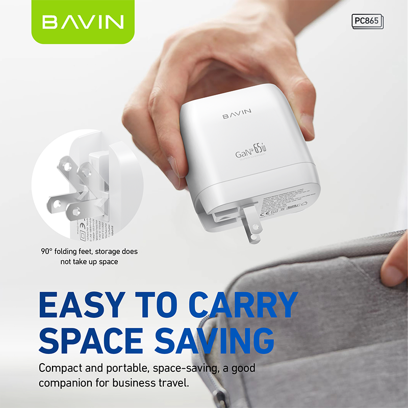 BAVIN C-PC865 65W GaN Fast Charger w/ Dual USB-C & USB Port