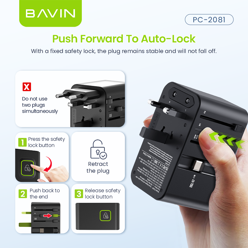 BAVIN C-PC2081 70W GaN Charging Adapter for Universal Plug & Multi-Port Charger w/ Retractable Type-C