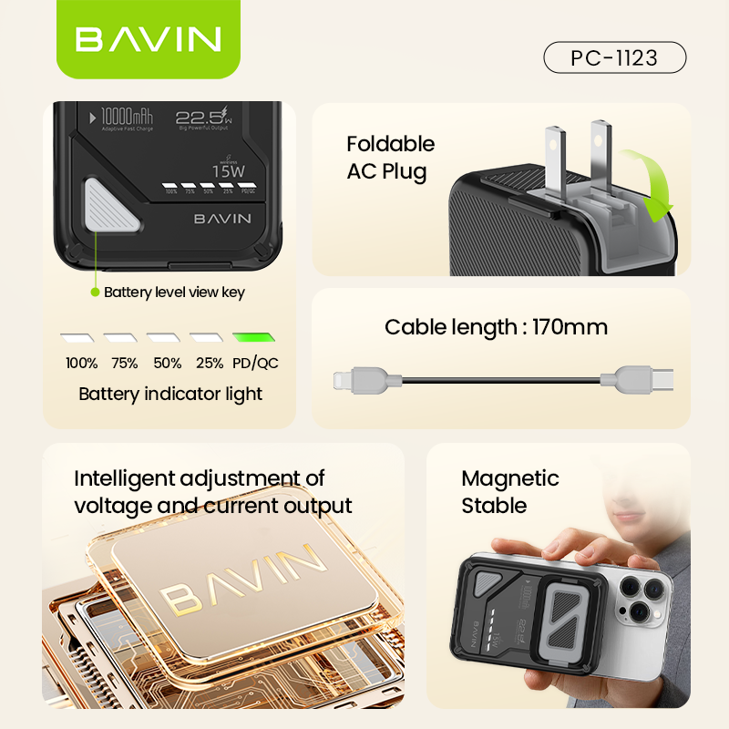 BAVIN Y-PC1123 10000mAh Magnetic Powerbank w/ Phone Holder & AC Plug