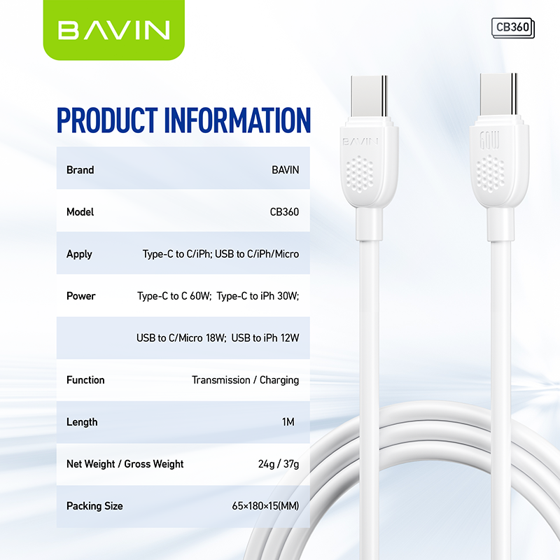 BAVIN U-CB360-XX 60W Fast Charging Cable, 480Mbps Data Transfer
