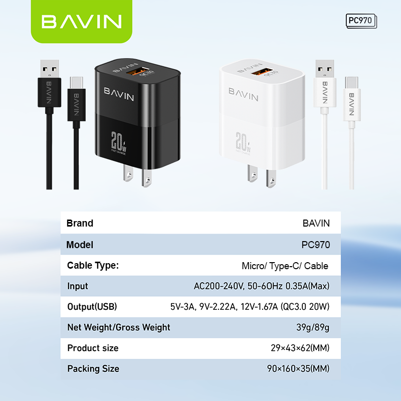 BAVIN C-PC970-XX 20W Fast Charger, QC3.0 for Micro USB, iPh & Type-C Devices