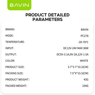 BAVIN C-C-PC278 Qualcomm 3.0 Car Charger w/ Air Purifier & Fast Charge