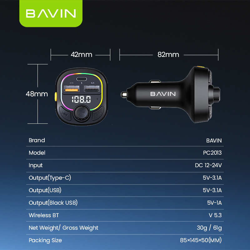 BAVIN C-C-PC2013 3-in-1 Car Charger & Bluetooth MP3 Player w/ Fast Charge & RGB Lighting
