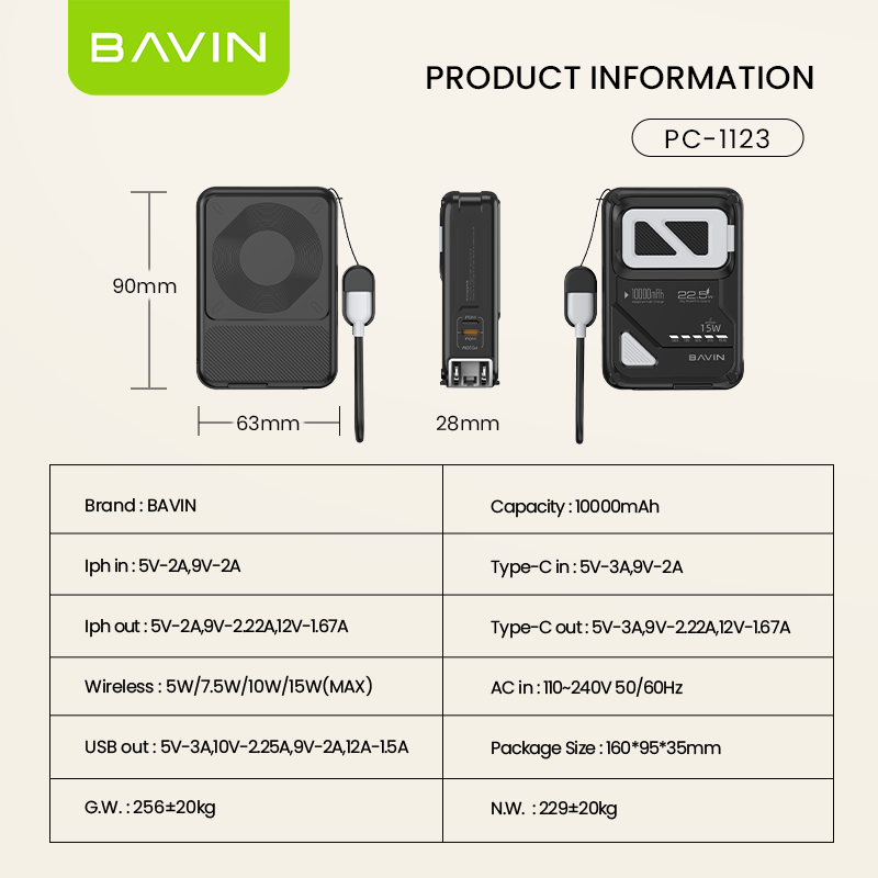 BAVIN Y-PC1123 10000mAh Magnetic Powerbank w/ Phone Holder & AC Plug