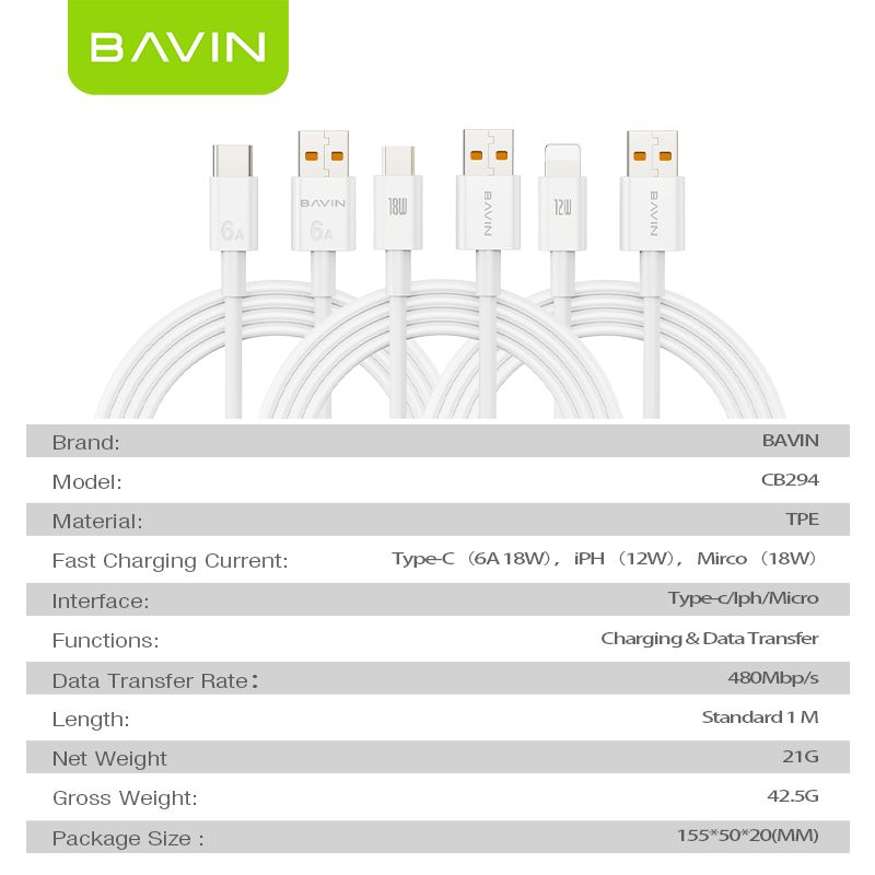 BAVIN U-CB294-XX 6A Fast Charging 18W/12W Qualcomm 3.0 USB Fast Charge Data Cable for Type-C Micro & iPh
