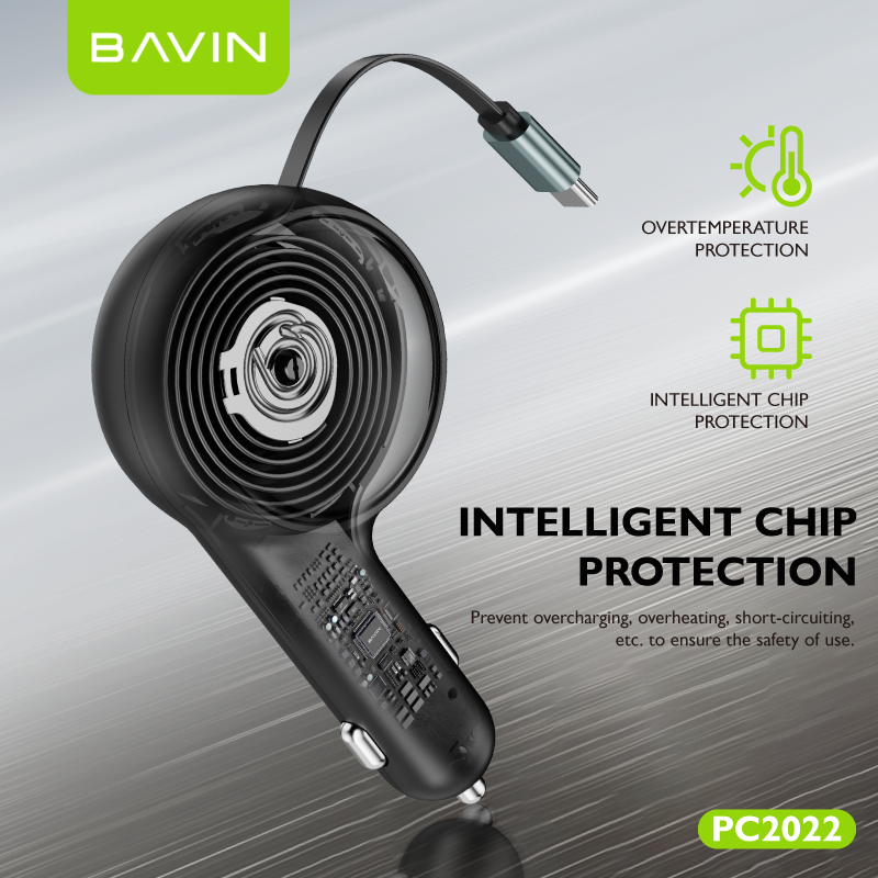 BAVIN C-C-PC2023 30W 2-in-1 Car Charger w/ Retractable 80cm Cable (Type-C/iPhone)