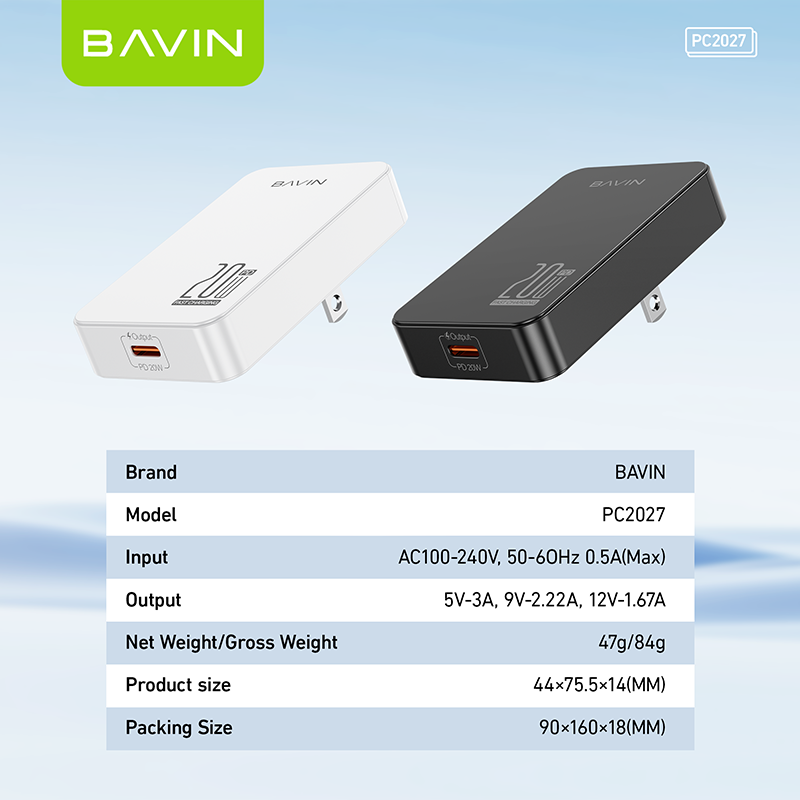 BAVIN C-PC2027-XX 20W Ultra-Slim USB-C Fast Charger w/ Foldable AC Plug & iPhone16 Cable