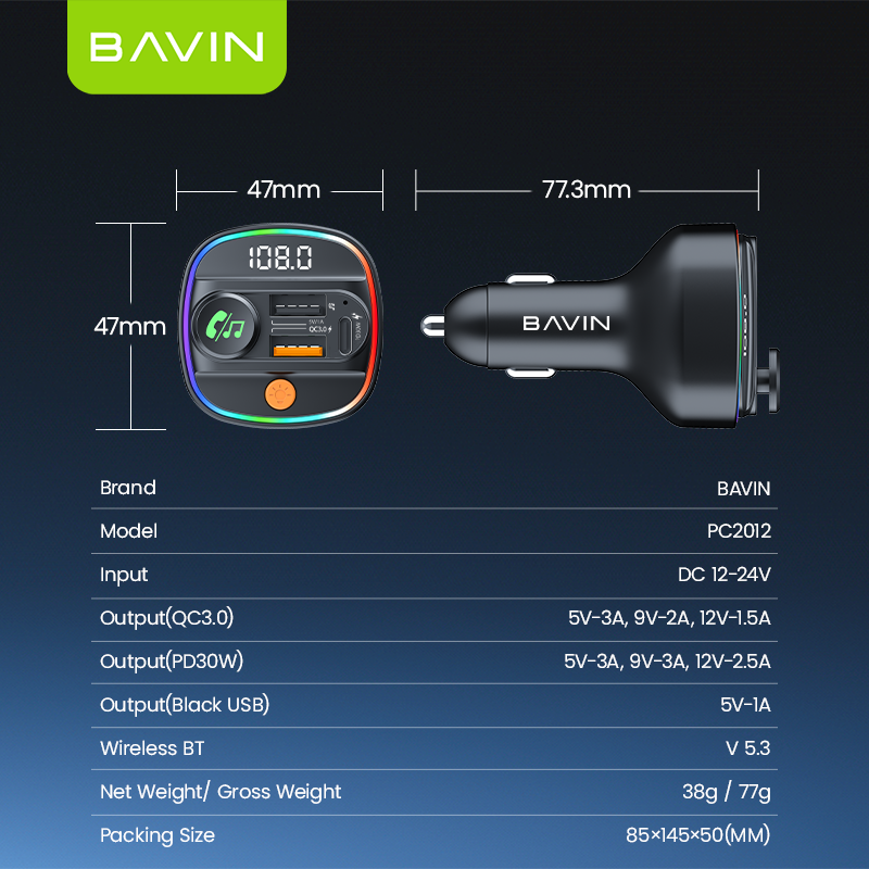 BAVIN C-C-PC2012 30W Car Charger & MP3 Player w/ Fast Charge & RGB Lighting
