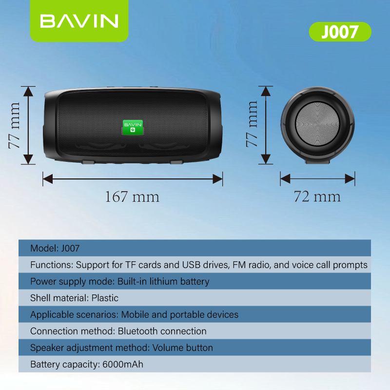 BAVIN DV-J007 Portable Splashproof Bluetooth Speaker w/ TF & USB Port