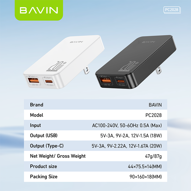 BAVIN C-PC2028-XX 20W Ultra-Slim Fast Charger w/ QC3.0, Dual USB & Type-C, Bendable AC Plug
