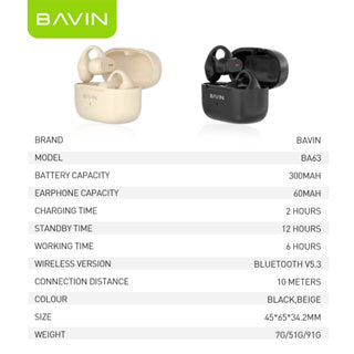 BAVIN HB-BA-63 HiFi Open-Ear TWS Bluetooth Earbuds w/ Long Battery Life & Built-In Microphone