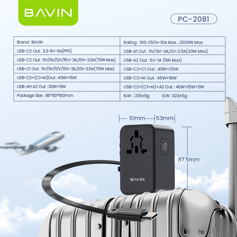 BAVIN C-PC2081 70W GaN Charging Adapter for Universal Plug & Multi-Port Charger w/ Retractable Type-C