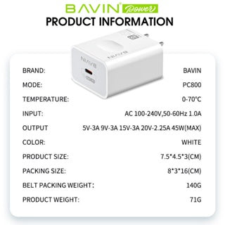 BAVIN C-PC800 45W PD Type-C Fast Charger for iPhone 16 & Laptops