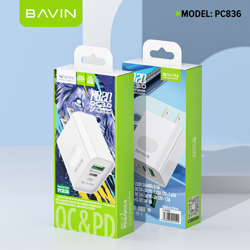 BAVIN C-PC836 20W PD Fast + Qualcomm3.0 Fast Charging Charger Adaptor Dual Port Suitable For iPhone 16 Series