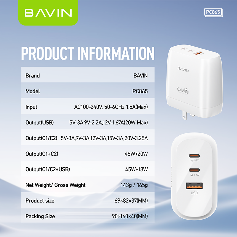 BAVIN C-PC865 65W GaN Fast Charger w/ Dual USB-C & USB Port