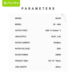 BAVIN C-S-3604 Universal Power Hub w/ 3 Outlets & 6 USB Fast Charging Ports