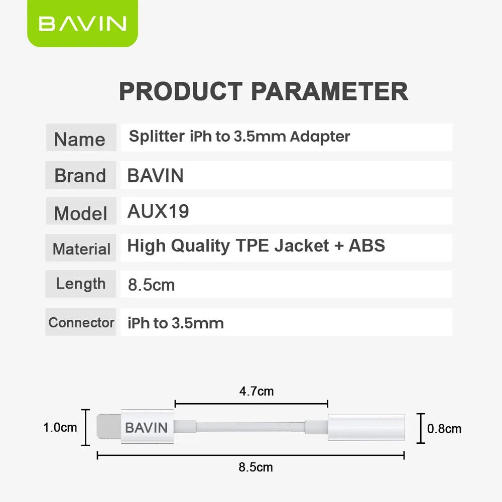 BAVIN H-3.5-AUX19 Splitter Adapter Cable for iPhone to 3.5mm w/ Voice & Wire Control