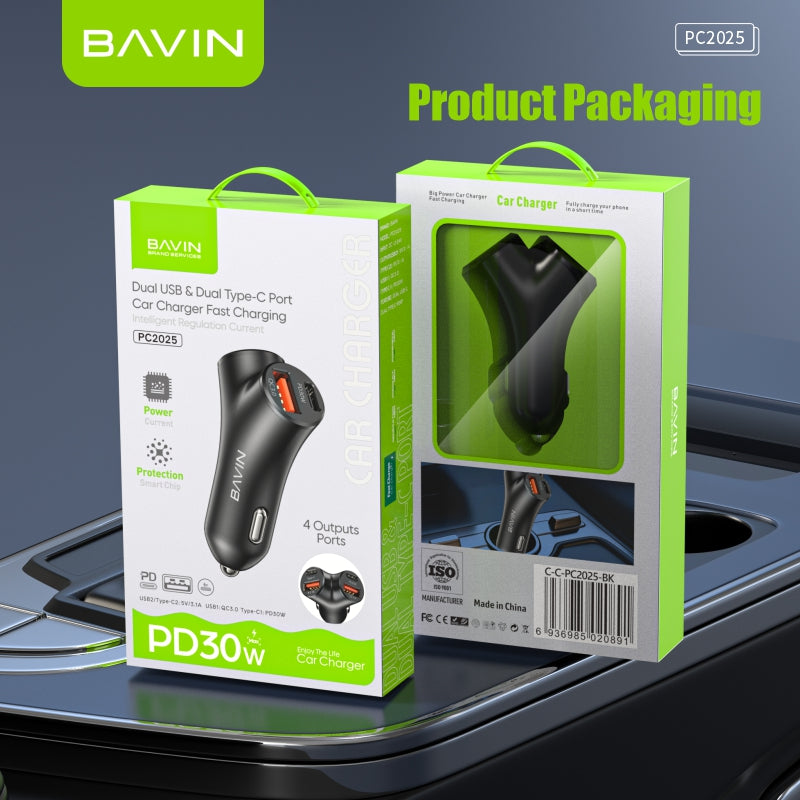BAVIN C-C-PC2025 30W PD Fast Car Charger w/ 4 Ports (Dual USB & Type-C)
