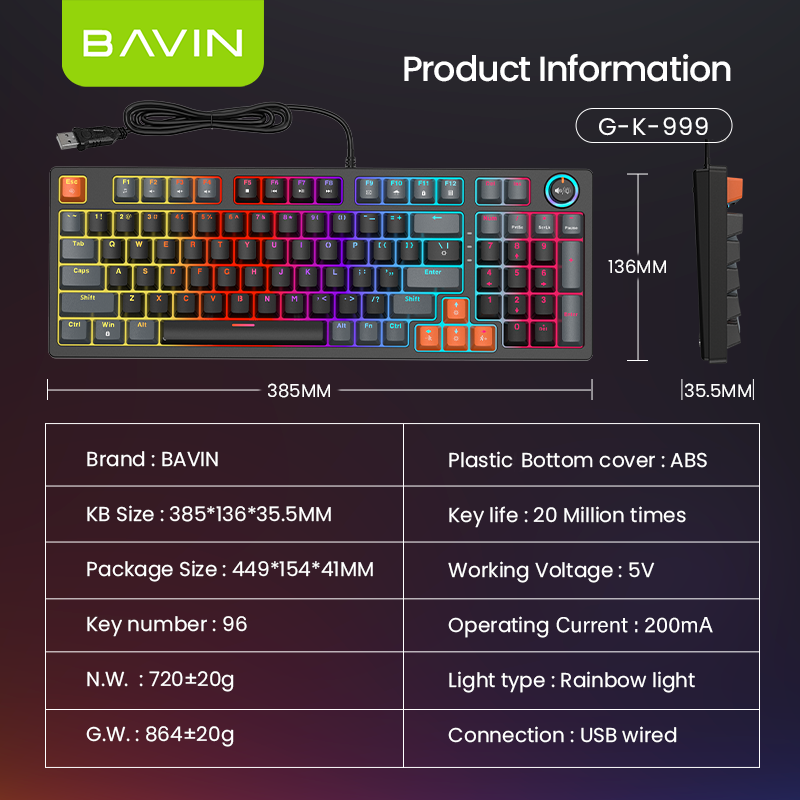 BAVIN G-K-999 RGB 96-Key Mechanical Keyboard w/ Multimedia Knob & Backlight Modes