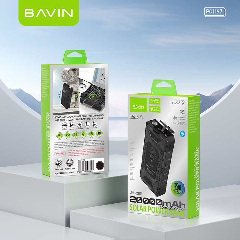 BAVIN Y-PC1197 20000mAh Solar Powerbank w/ 35W Type-C Fast Charging & 15W Wireless Charging w/ LED Flashlight & 3 Outputs