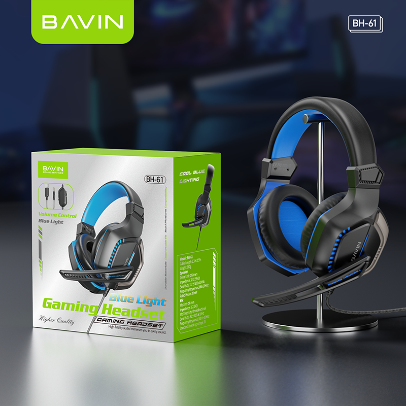BAVIN HB-BH61 Gaming Wired Headset w/120° Adjustable HD Microphone & Blue LED Light for Computers/Laptops