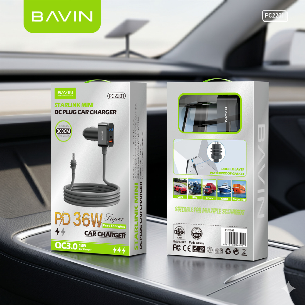 BAVIN PC2201 Starlink Mini 36W PD+QC3.0 Fast DC Power Cable Car Charger w/ Display + Waterproof Outdoor