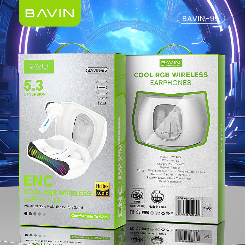 BAVIN BA95 TWS Gaming Earphones ENC w/RGB Lights Hi-Fi Stereo Sound & Touch Control